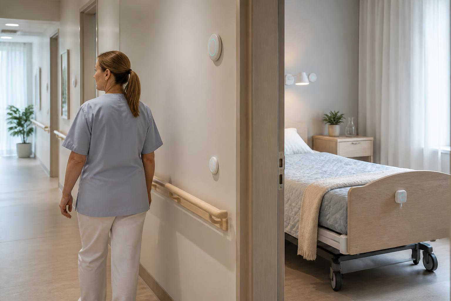 Care professional walking past a patient room fitted with wireless sensors