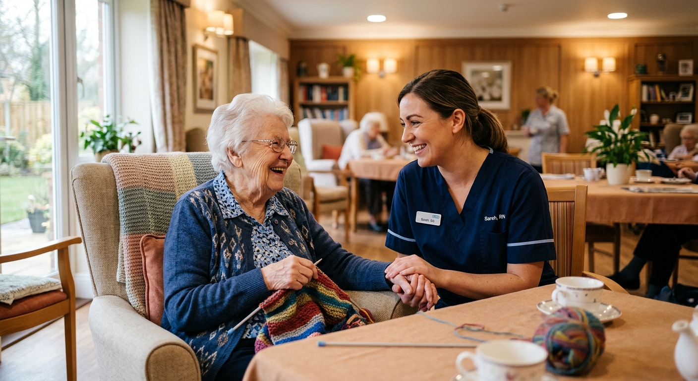 Care professional holding the hand of a smiling resident seated in an armchair in a care home lounge
